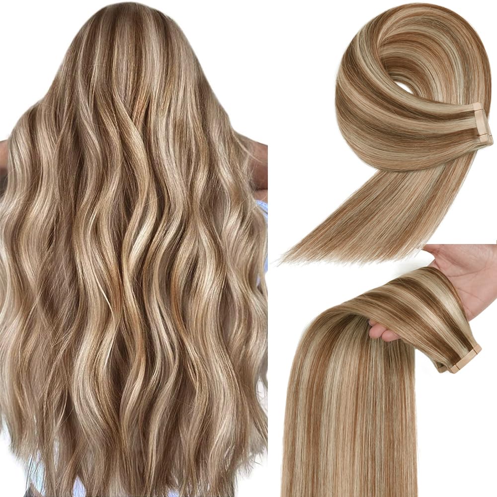 YDDM Tape in Hair Extensions Human Hair 22 Inch 20pcs Chestnut Brown Highlighted Bleach Blonde 100% Remy Human Hair Straight Invisible Tape in Hair