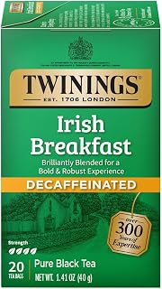 Twinings Irish Breakfast Tea, Decaf Tea Bags, Strong and Distinctive Black Decaffeinated Tea, 20 Individually Wrapped Tea Bags