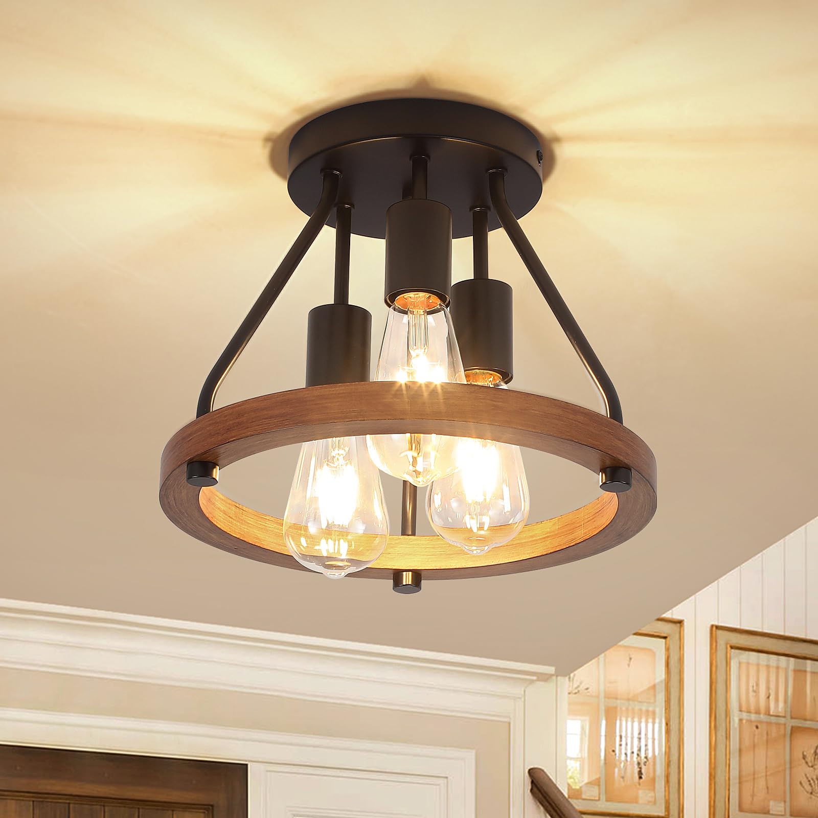 Modern Farmhouse Wood Semi Flush Mount Ceiling Light Hallway Light Fixtures Entryway Light Fixture 3-Light Rustic Industrial Ceiling