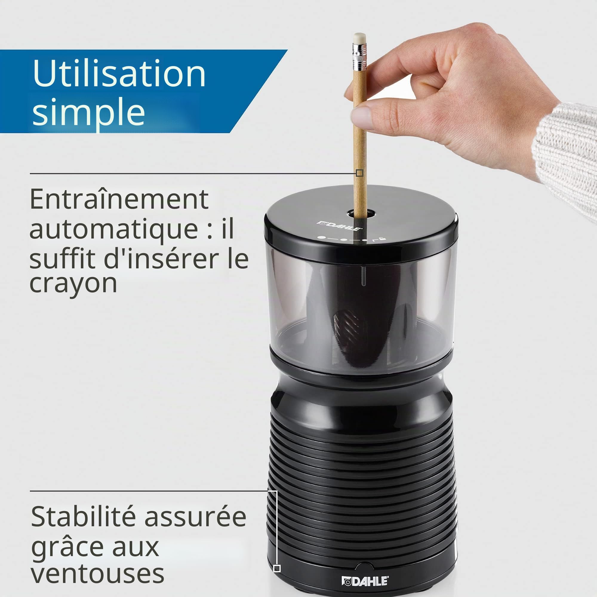 DAHLE Taille-crayon électrique 210 (taille-crayon électrique pour les diamètres de 8 mm à 11 mm, conforme à la normes GS) Noir 20,7 x 10,3 x 10,3