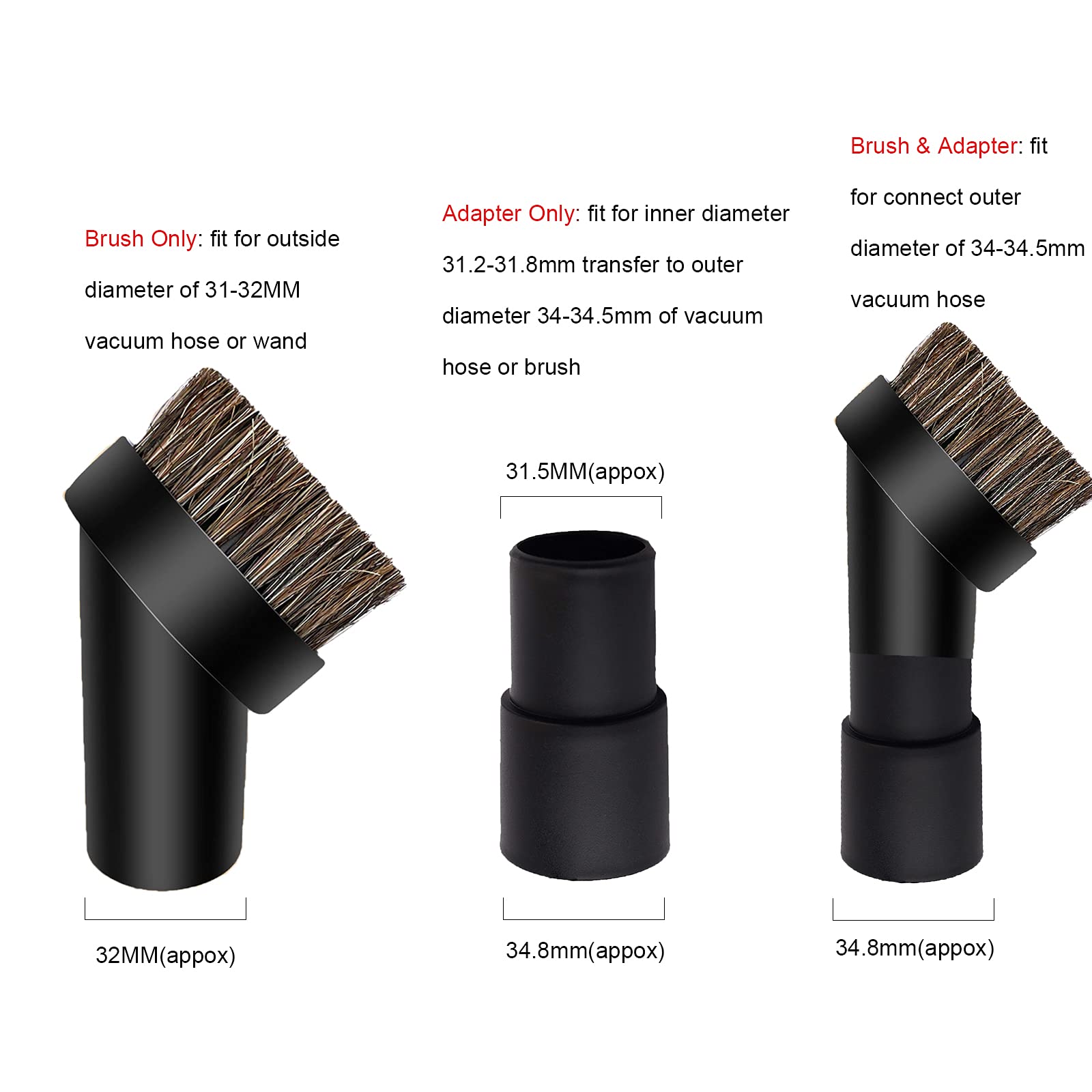 Cepillo Redondo para Polvo de 25 mm, Pelo de Caballo Suave, Accesorio de aspiradora de 1.25 Pulgadas, Repuesto con Adaptador de Caballo de 1-1/4 Pulgadas a 1-3/8