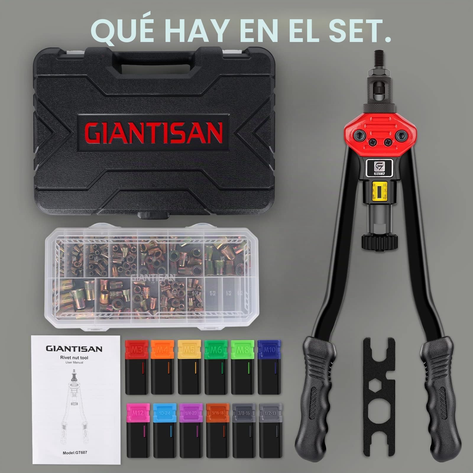 GIANTISAN - Remachadora Manual a 2 Manos, 41 cm, 12 Mandriles métricos y SAE, Kit Surtido de Tuercas de Remache de 176 Piezas y Funda de Transporte Resistente