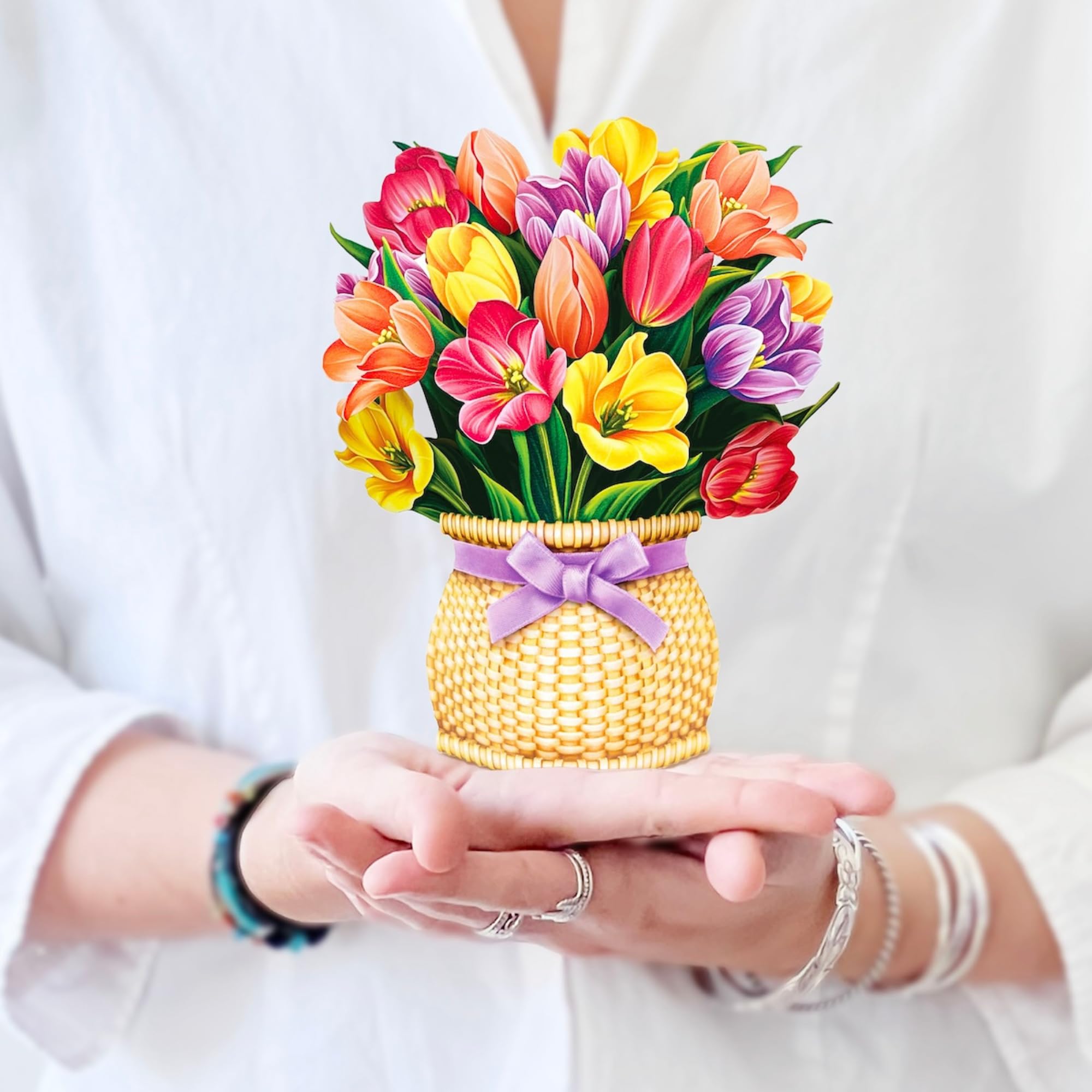 Freshcut Paper Pop Up Cards, Mini Festive Tulips, 6 Inch Mini Sized Forever Flower Bouquet 3D Popup Greeting Cards, Birthday Cards, Thank You Card,