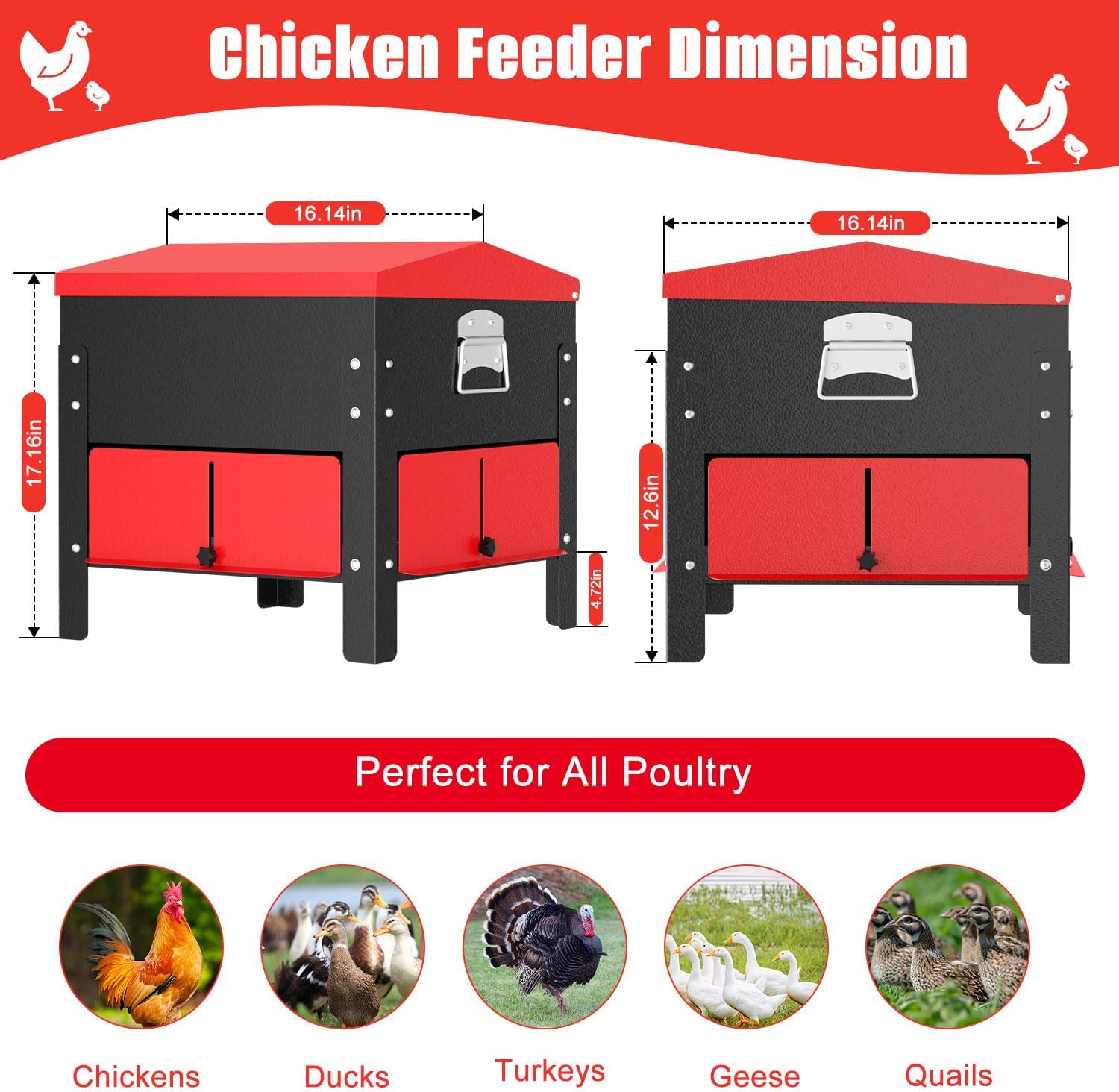 Portable Metal Chicken Feeder, Freestanding Chicken Feeder with Top-Sloped Waterproof Lid, No Waste Gravity Poultry Feeder for Hens and Ducks, 80 lbs Large Capacity