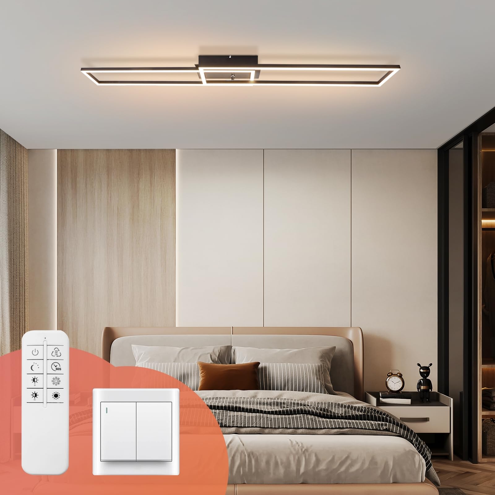 Homefire Deckenlampe Wohnzimmer LED Deckenleuchte: 36W Modern Küchenlampe | Stufenloses Dimmbar 3000K - 6500K Schwarz Wohnzimmerlampe mit Fernbedienung Deckenbeleuchtung für Küche Schlafzimmer