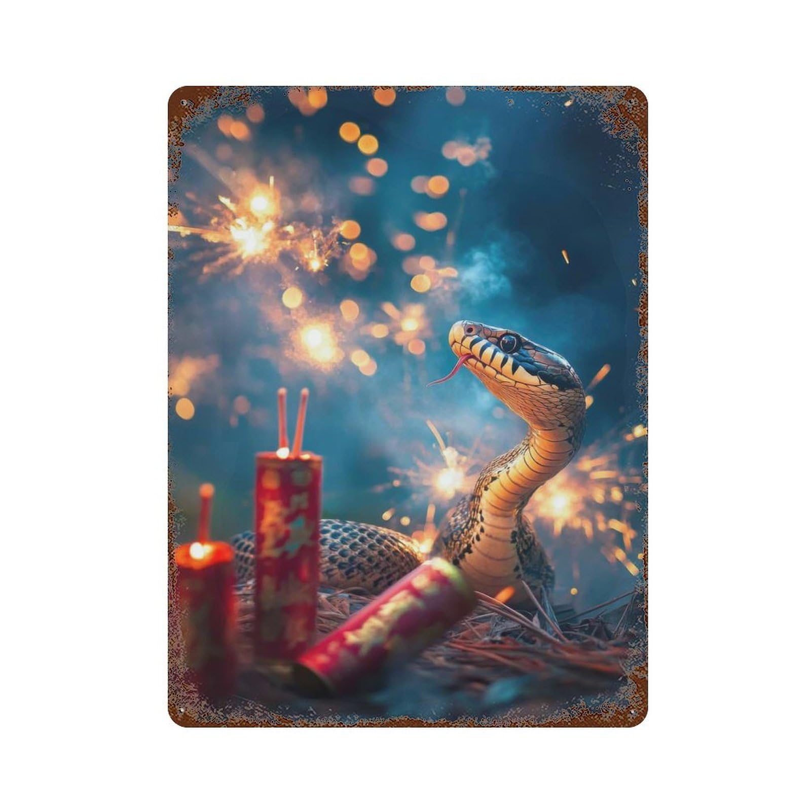 Retro Metal Sign with Year of The Snake - Lunar Fireworks Celebration Design 15.7"x11.8", for Shed, Workshop And Garage Wall Decor, Industrial Home Decor