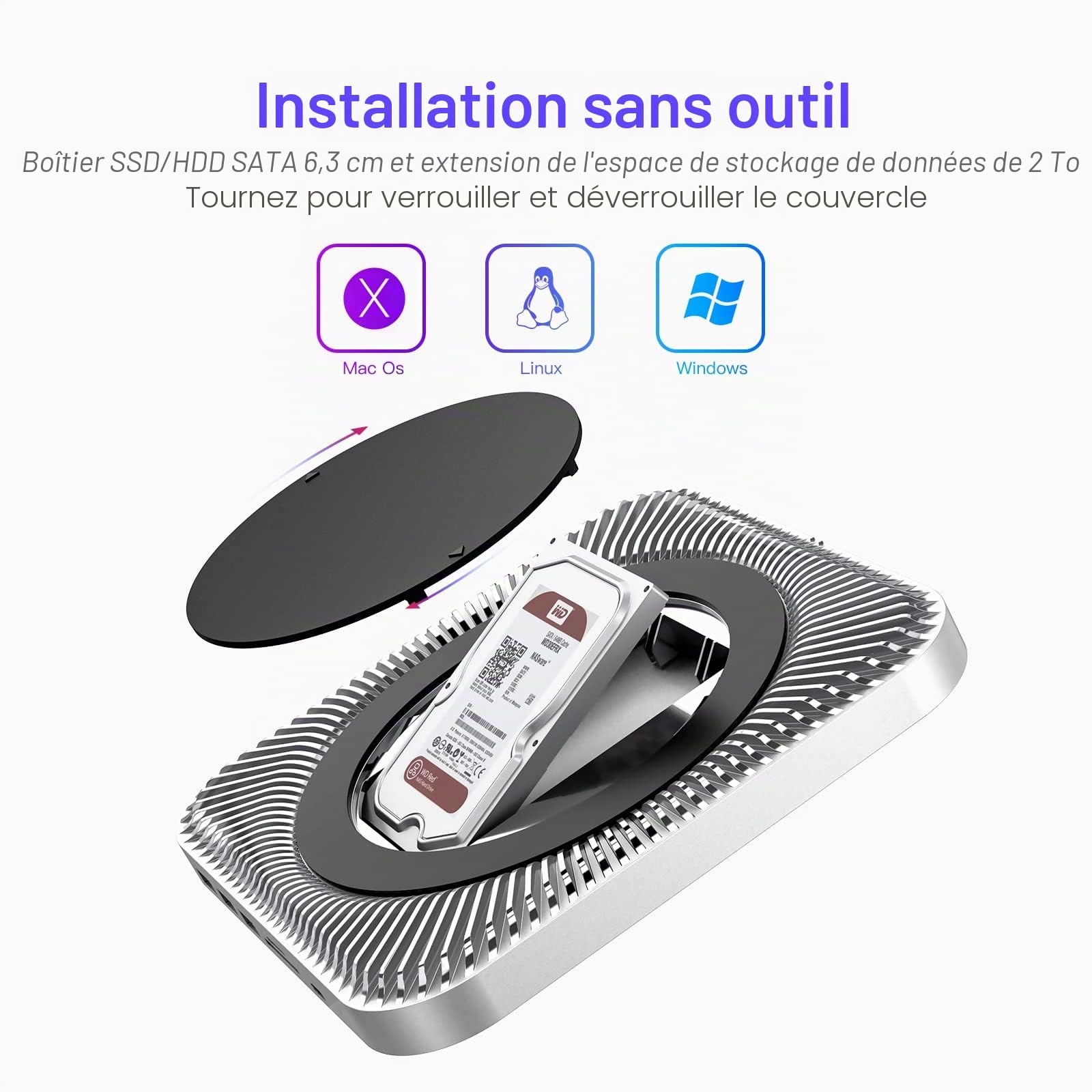 Hub USB-C avec boîtier de disque dur pour Mac Mini M1, station d'accueil de type C avec fente SSD SATA/HDD, double port USB 3.0/2.0, lecteurs de cartes TF/SD, compatible avec Mac Mini 2018/2020
