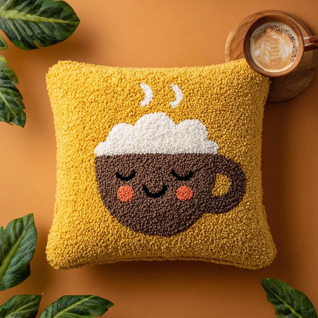 WallustrioaW Latch Hook Cushion Cover Kit,Cartoon Smiley face Coffee Cup