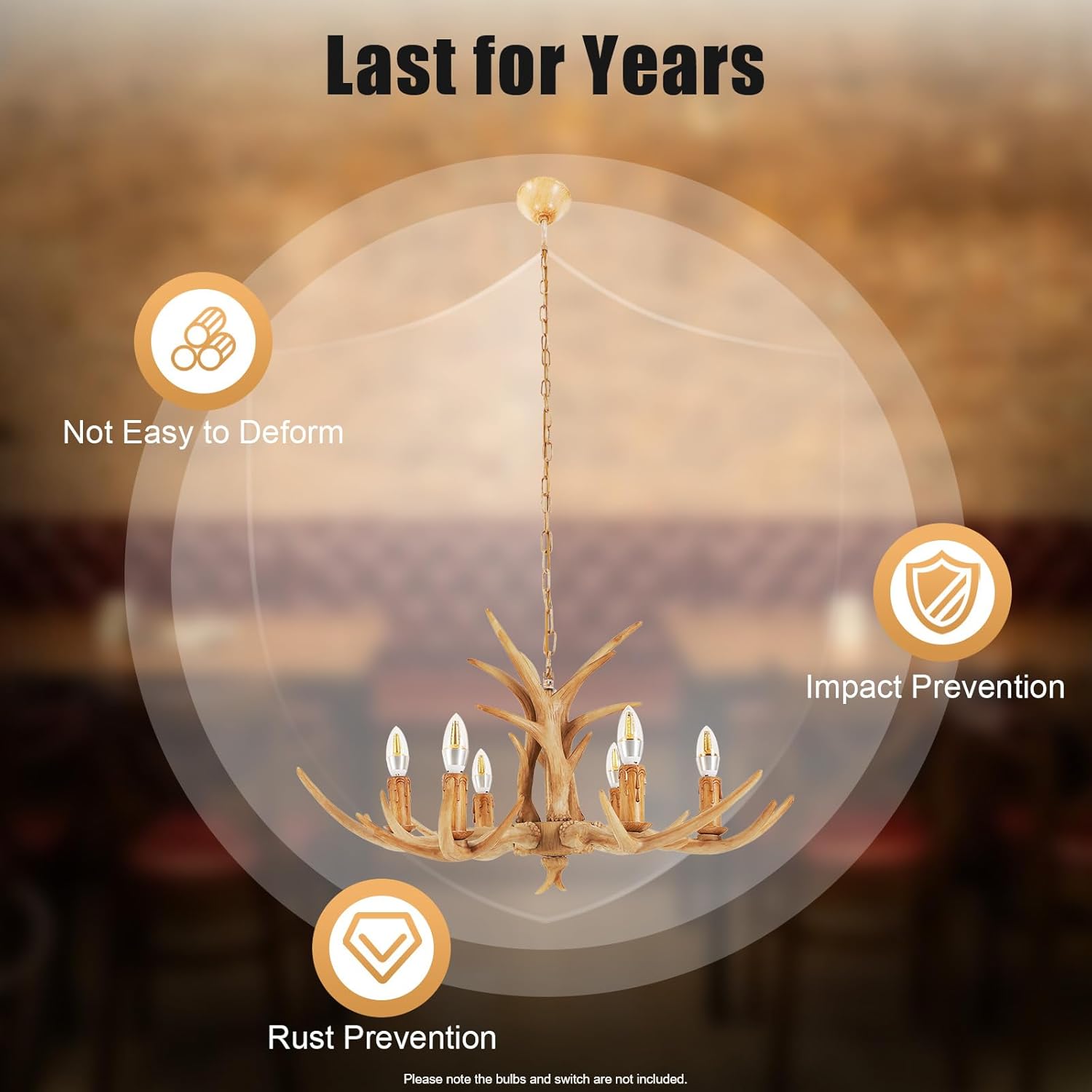 Antler Chandelier, 6-Lights Rustic Deer Horn Shape Chandelier with Resin Lamp Body & 6 Lamp Holders, 110V Vintage Pendant Light Ceiling Fixture for Living Room Bedroom Dining Room Kitchen