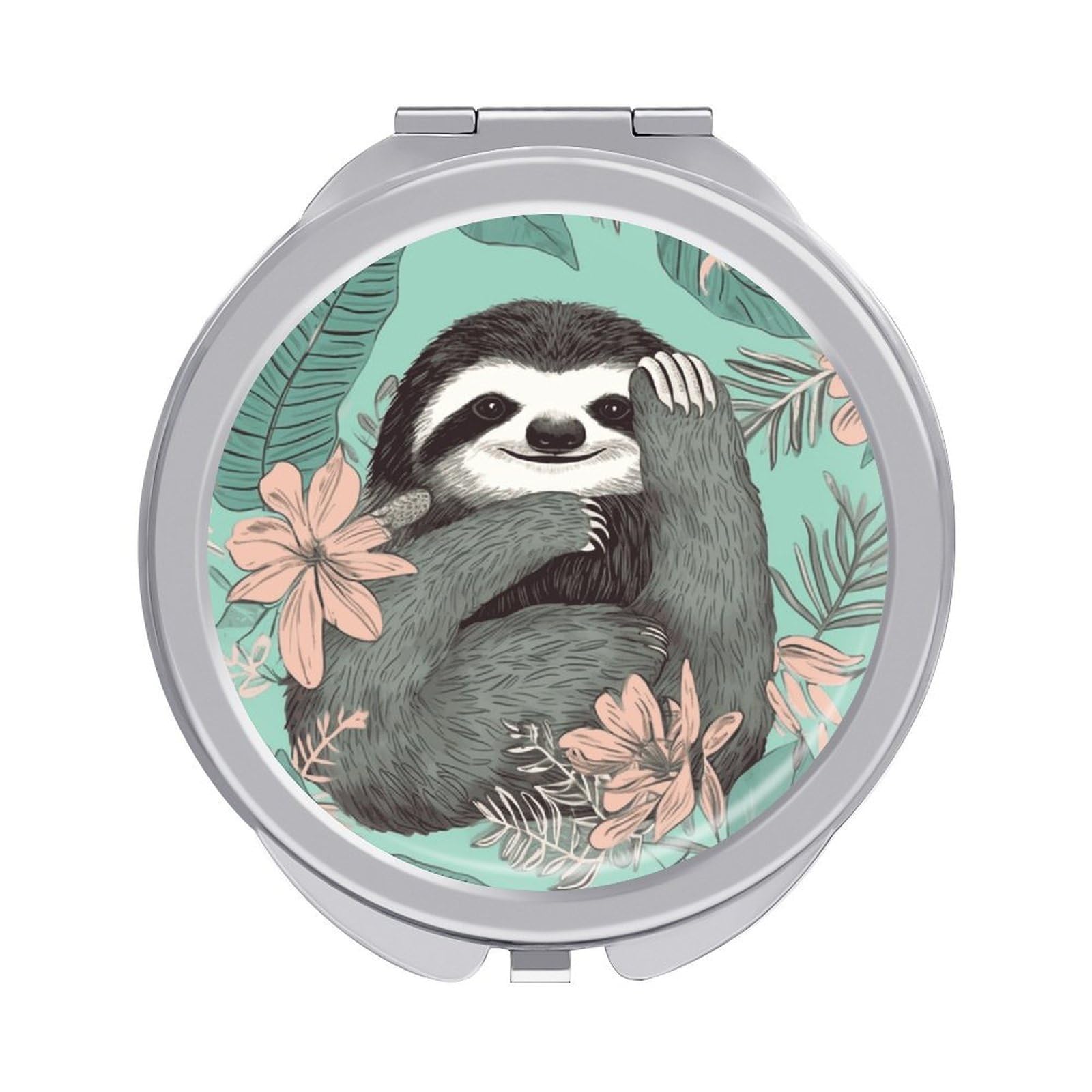 JTREHY Animal Sloth Mint Green Makeup Mirror Silver Mirror Surface Folding Makeups Mirrors Lightweight Durable Looking Glass for Suitable Traveling Handbag and Purses