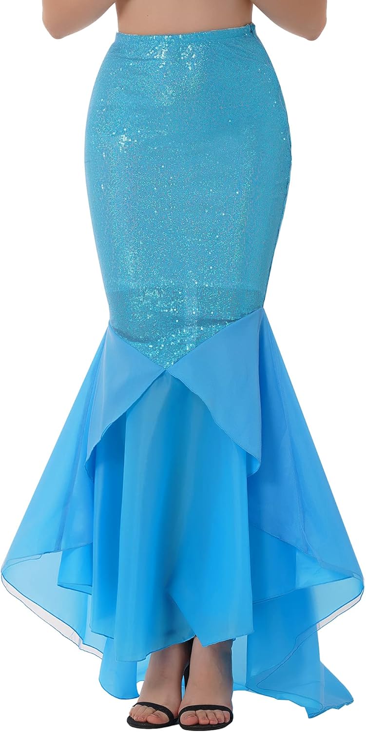YiZYiF Women's Party Costume Sequins Mermaid Long Tail Skirt with Asymmetric Mesh Panel
