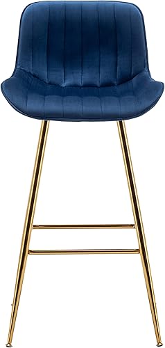 Miniatura 4 de Sidanli Taburetes de bar de terciopelo azul, taburetes de isla tapizados de 29 pulgadas con reposapiés, sillas de bar doradas para el hogar, isla de