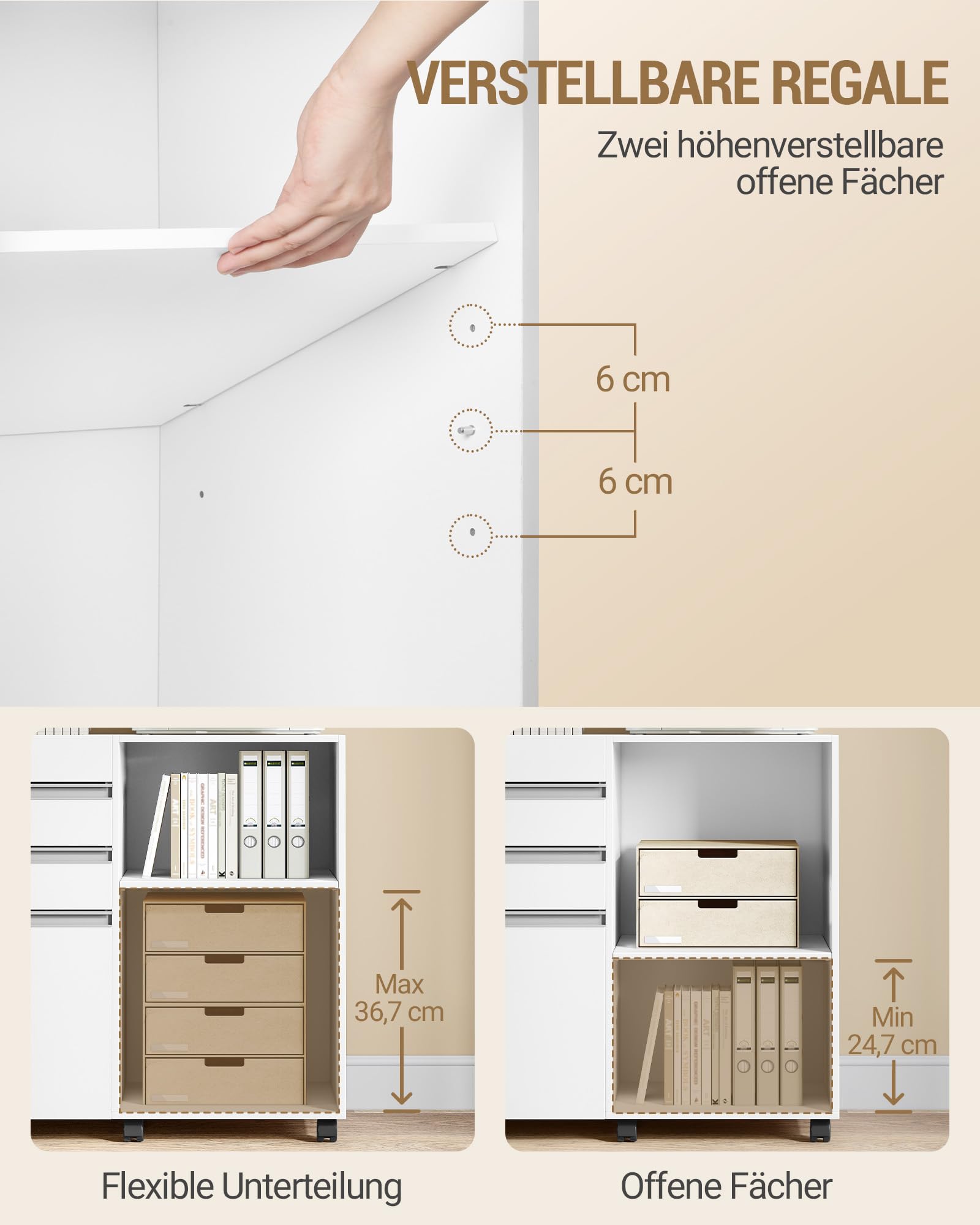 Hzuaneri Rollcontainer 3 Schubladen 2 Fächer Hängereg. weiß | Mobil,3 Schubl,2 offene Fächer, Hängereg. Für A4,Letter. Büro,Homeoffice. Weiß, stabil. Ref. FC42003X.