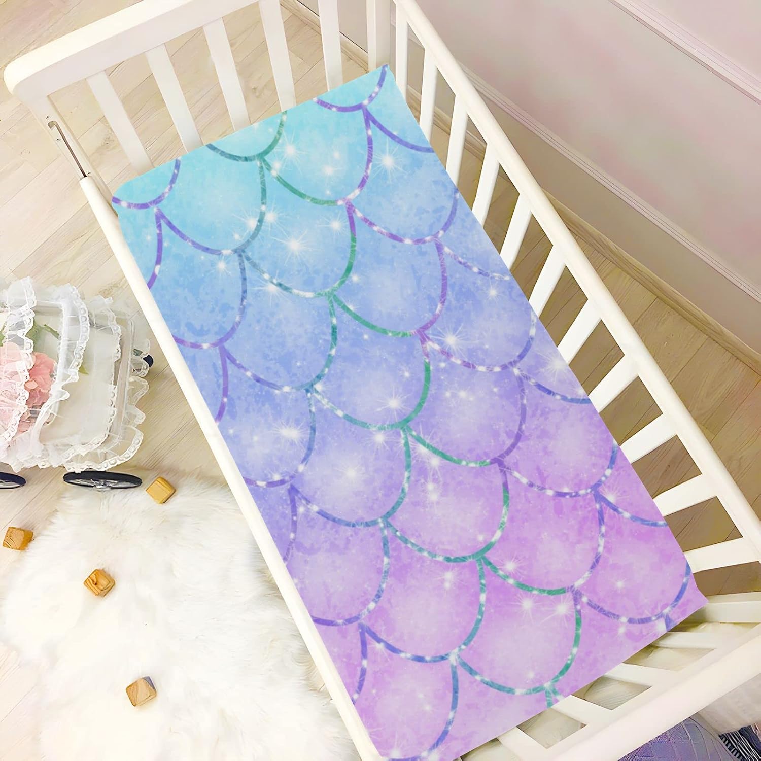 Moudou Purple Mermaid Crib Sheet for Boy Girls, Soft Breathable Fitted Toddler Sheet for Standard Crib Bed Mattress, 52 x 28 x 9 Inch