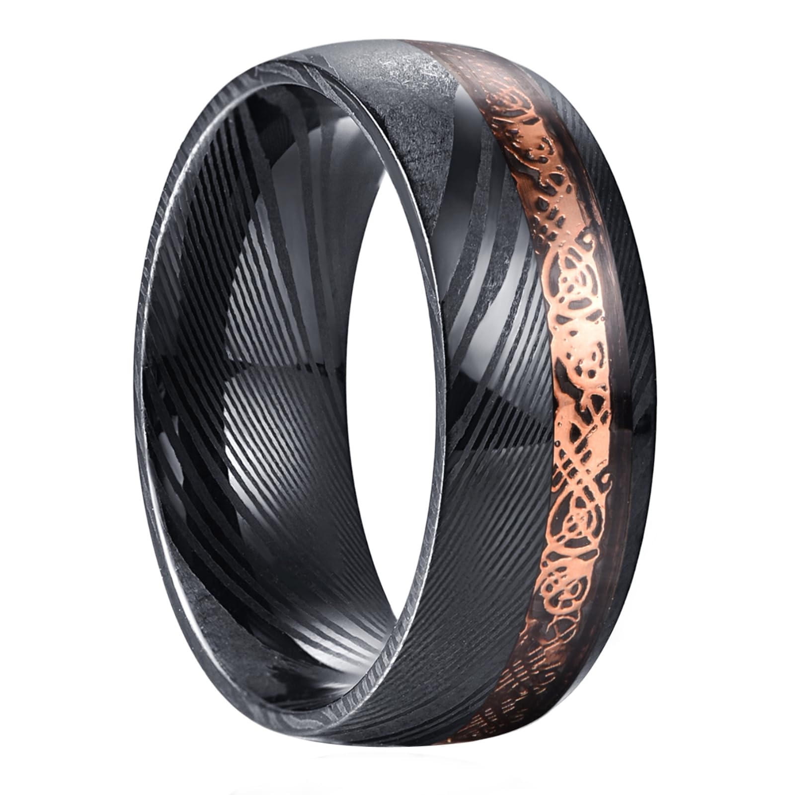 NUNCADDamascus Steel Ring for Men Blue Grooved/Crushed Opal Inlay 4mm 8mm Wedding Band Comfort Fit Size 6-12