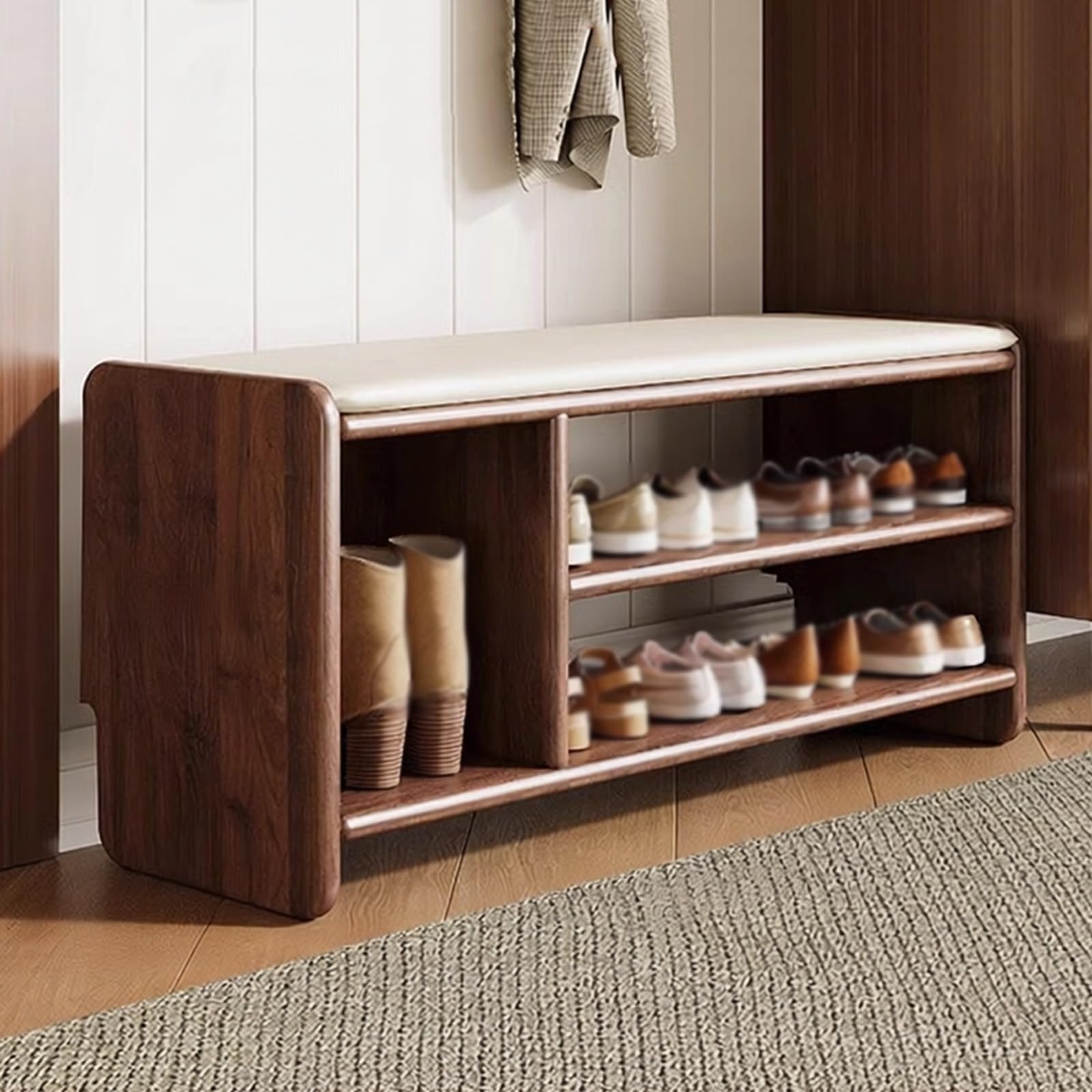 Banc Chaussures Couloir Confortable Meuble d'Entrée Pratique en Noyer