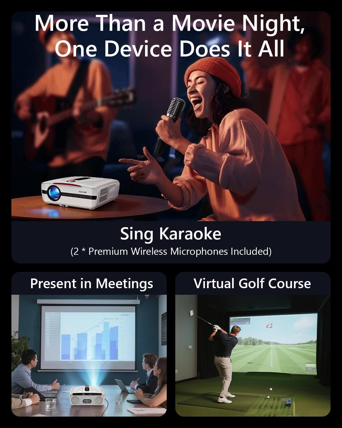 Daylight 4K Smart Projector with Fast TV OS & Home Karaoke: High 2400ANSI, 3-Brightness, HDR10, Auto Focus, Auto-Retract Lens&Cover, Wireless Mics for Home Cinema Outdoor Movie Game Golf Simulation