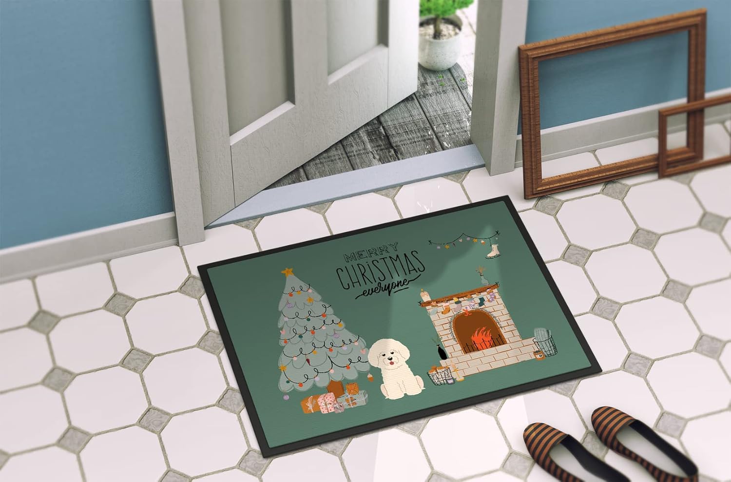 Caroline's Treasures CK7638MAT Bichon Frise Christmas Everyone Doormat 18x27 Front Door Mat Indoor Outdoor Rugs for Entryway, Non Slip Washable Low Pile, 18H X 27W