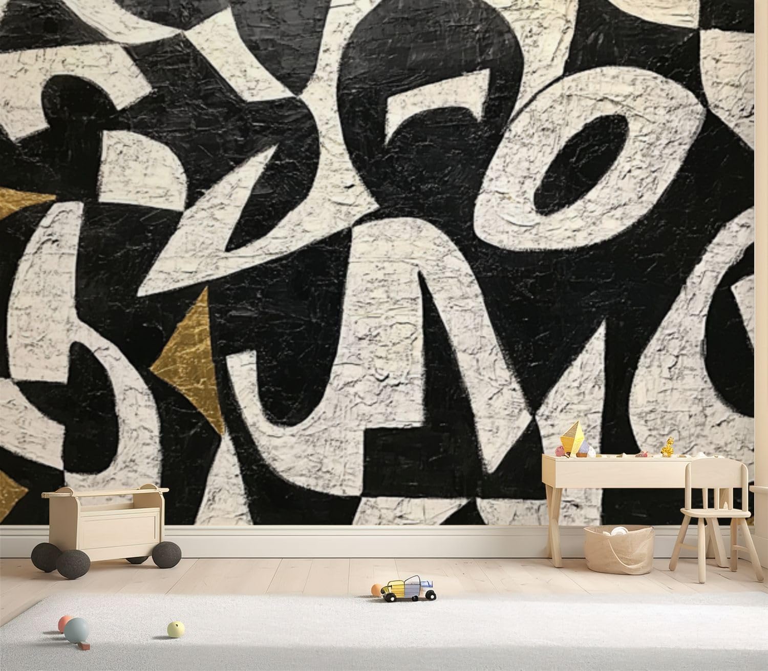 Wall Mural Abstract Graffiti Black and White Swirling Gold Accents Monochrome Peel & Stick Wallpaper Removable Self-Adhesive Large Wall Sticker Wall Decor for Bedroom Living Room Nursery 69"x98"