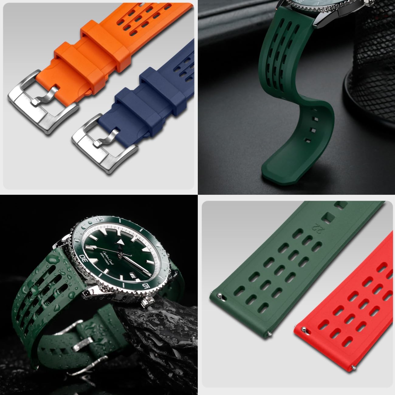 YISIWERA 20mm 22mm Watch Bands for Men Rubber FKM Watch Band Quick Release Soft Diving Watch Strap Bracelet Brushed Stainless Steel Pin Buckle