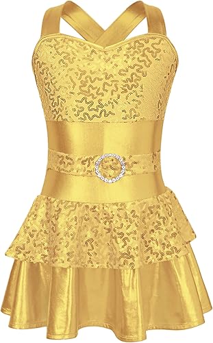 JEATHA Vestido de leotardo de gimnasia con lentejuelas brillantes y espalda en X para niñas y bailarinas