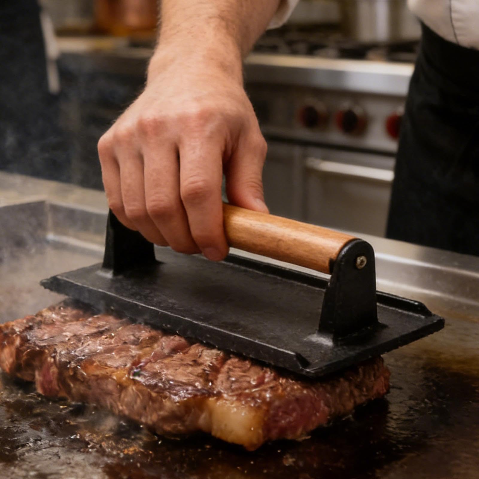 Prensa de Bacon con Mango de Madera de Hierro para Cocina | Prensa de Carne de Bistec para Barbacoa Exterior para Plancha Barbacoa Exterior Camping Cocina Hogar Restaurante