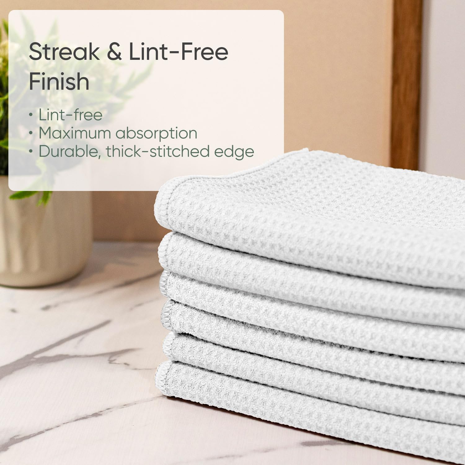 Toallas de cocina – Toallas de microfibra de tejido gofre | Blanco | 16 x 24 pulgadas (paquete de 6) | Absorbentes, sin pelusa, gruesas, reutilizables, comerciales, suaves, de mano, té, vidrio, bar,