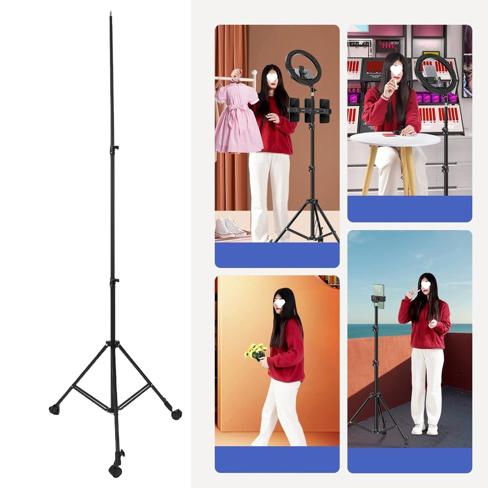 Tangxi Statyw Fotograficzny z Kółkami, Składany Teleskopowy do Fotografii | Light Tripod Stand with Casters, for Live Streaming Video Recording, 3 Wheel Brakes