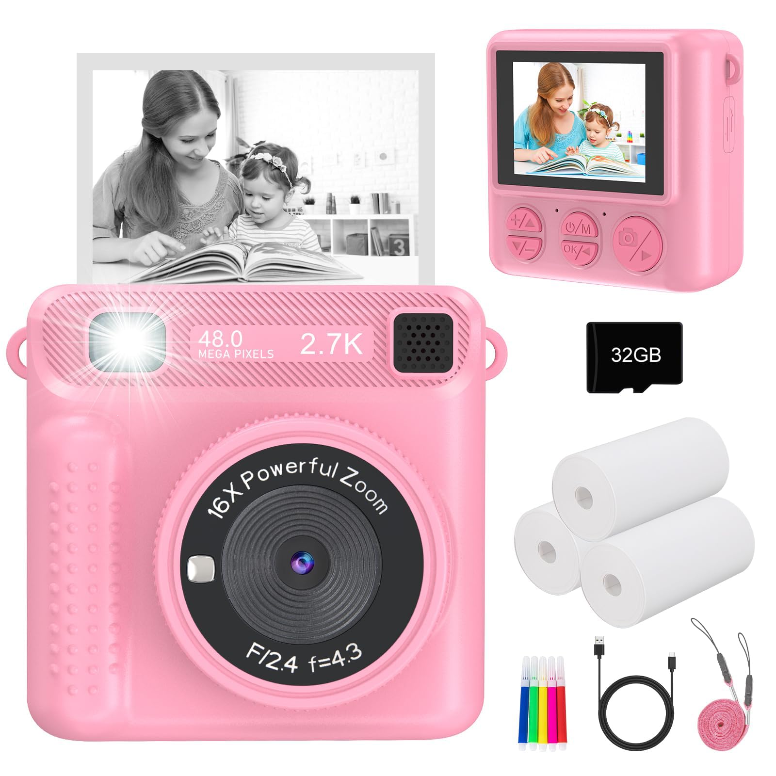 Instant Print Kids Camera - 1080P Selfie Digital Camera, Portable Travel Toy for Boys & Girls Age 3-12, Christmas Birthday Gifts (Pink) - Pink