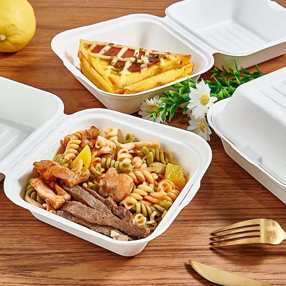 5Seconds 125-Pack Biodegradable Burger Boxes 6x6 – Compostable Clamshell Take Out Food Containers – Eco Friendly Disposable To Go Boxes for Sandwich, Meal, Lunch – Microwave Safe – Sugarcane Bagasse
