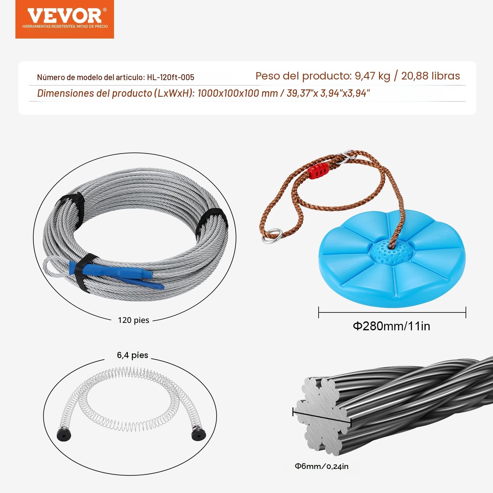 VEVOR Kit de Tirolesa de 36,6 m Carga de 150 kg, Fácil Configuración con Cinturón de Freno de Resorte y Arnés de Seguridad, para Jardín, Patio Trasero (Solo para Adolescentes, No Apto para Adultos)