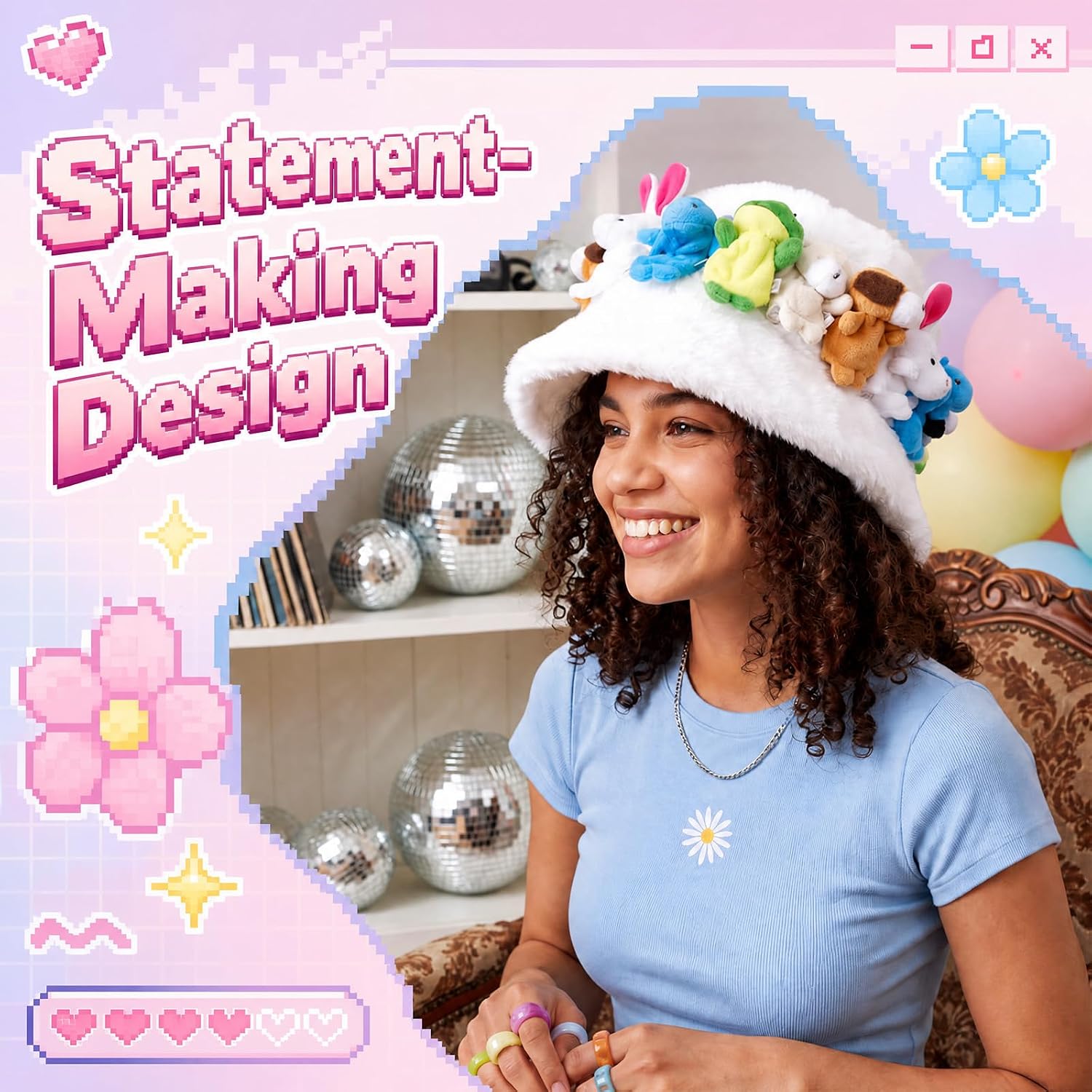 Janmercy White Faux Fur Plush Bucket Hat with 3D Mini Stuffed Animals