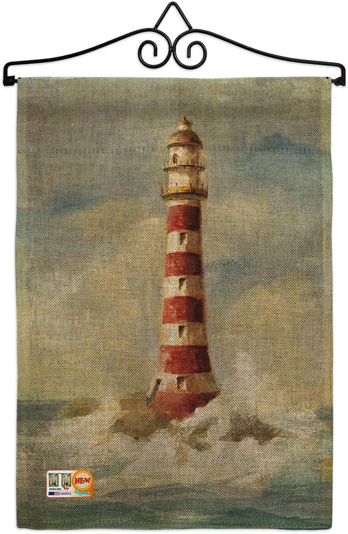 Lighthouse by the Sea Garden Flag Set Wood Dowel Coastal Nautical Anchor Sailor Shells Outdoor Summer Ocean Small Decorative Gift Yard House Banner Made In USA 13 X 18.5