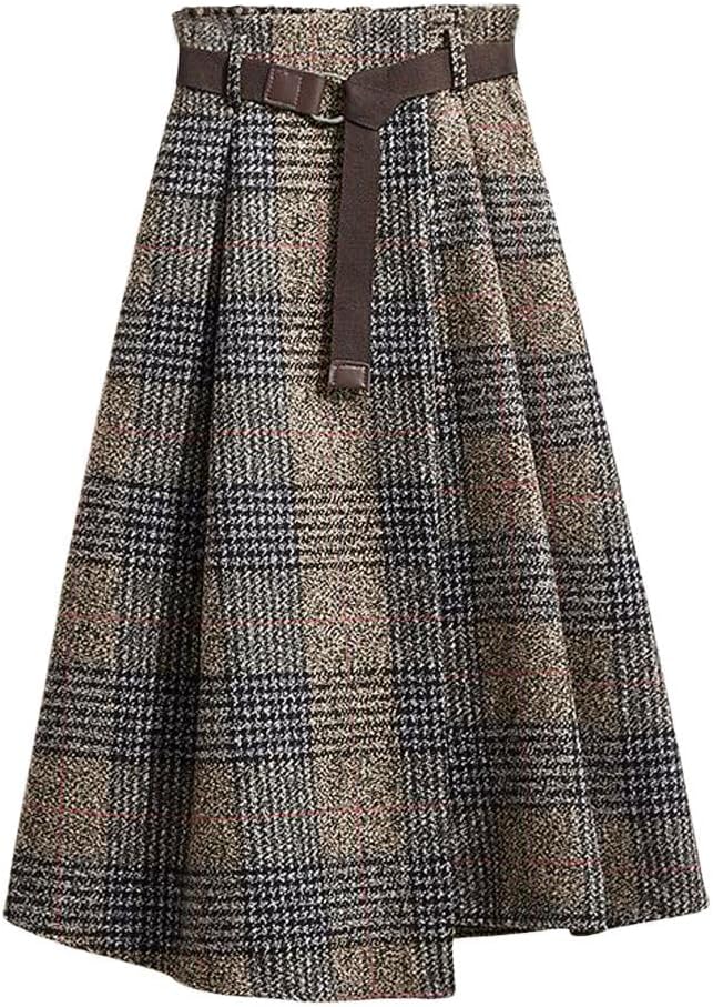 chouyatou Women's Vintage Plaid Wool Blend Midi Skirt Houndstooth A Line Wool Long Skirt with Belt