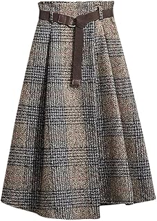 Women's Vintage Plaid Wool Blend Midi Skirt Houndstooth A Line Wool Long Skirt with Belt