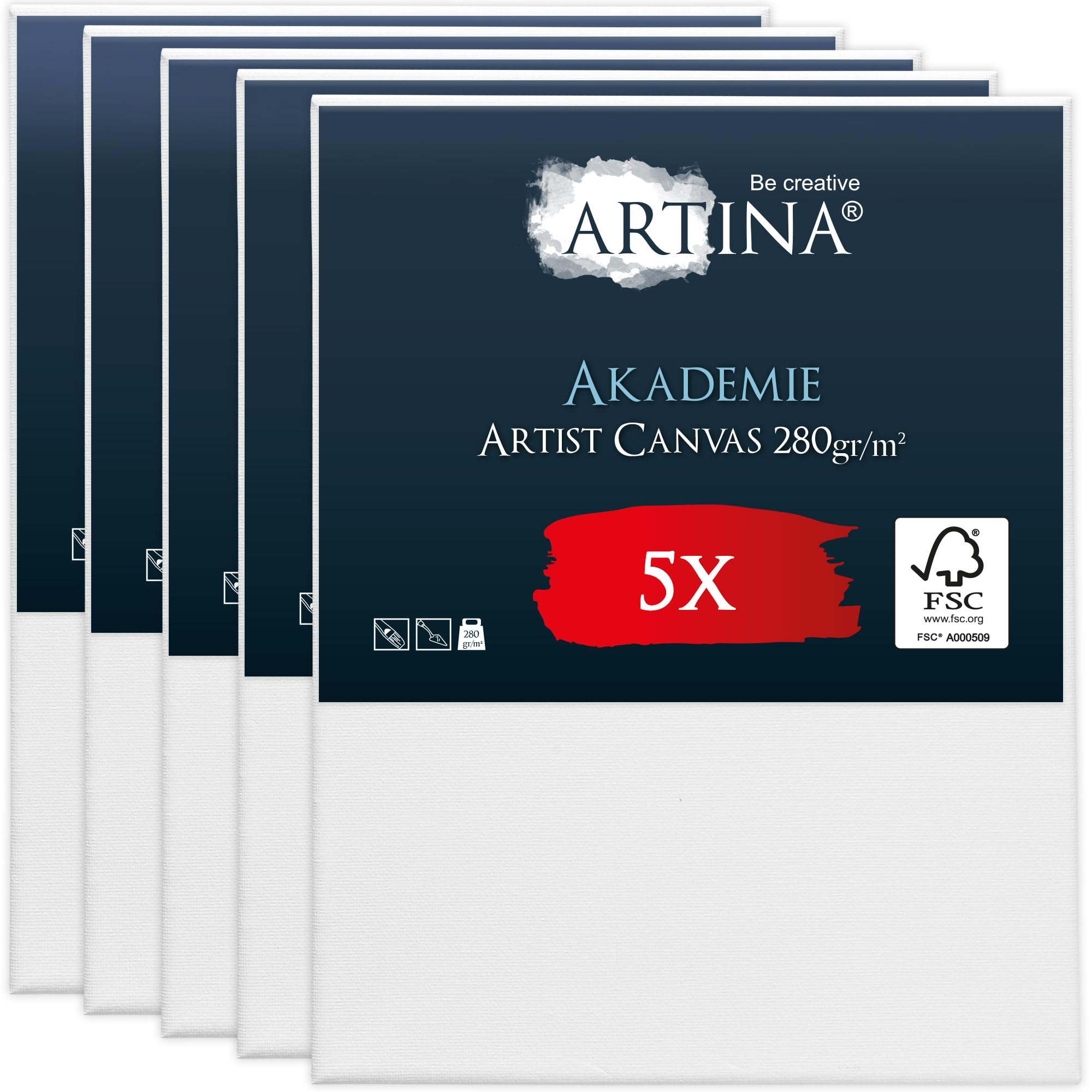 Artina FSC® Canvas for Painting 40x50 cm - 5pcs Blank Canvases for Art for Acrylic, Watercolour & Oil Painting - 100% Cotton Canvas Stretcher Frame 280 g/m² - Akademie