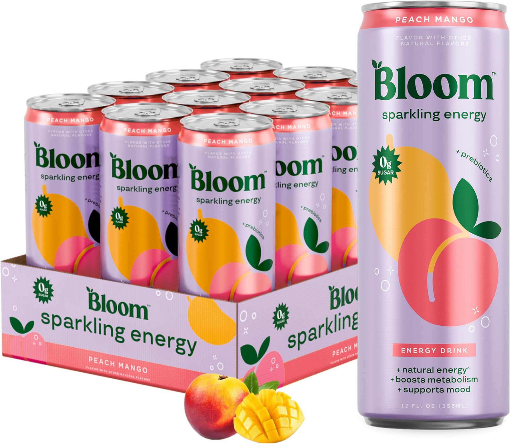 - Bloom Nutrition Sparkling Energy Drink - Natural Caffeine, Zero Sugar, 180mg Caffeine - Antioxidant-Rich w/Green Coffee Bean, Green Tea Extract, Prebiotics - 12oz 12 pk