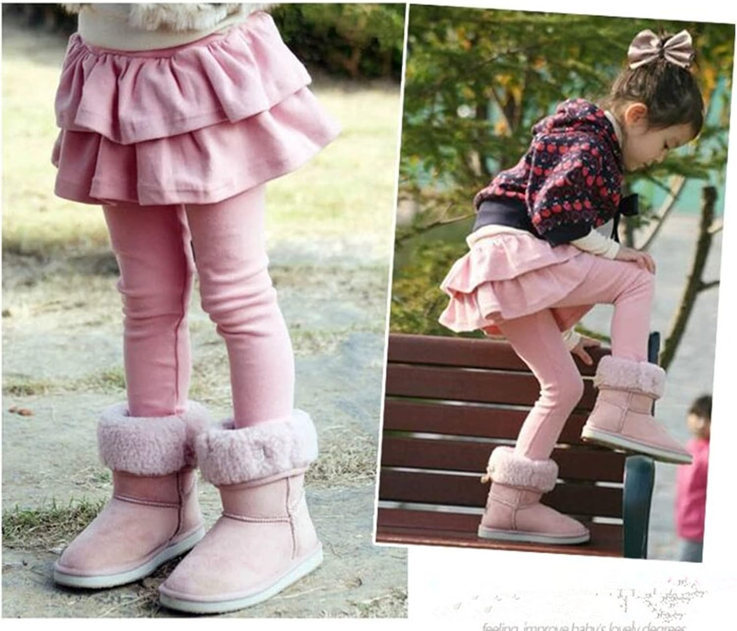 Little Girls Elastic Waist Fleece Lined Leggings with Ruffle Tutu Skirt - Image 4