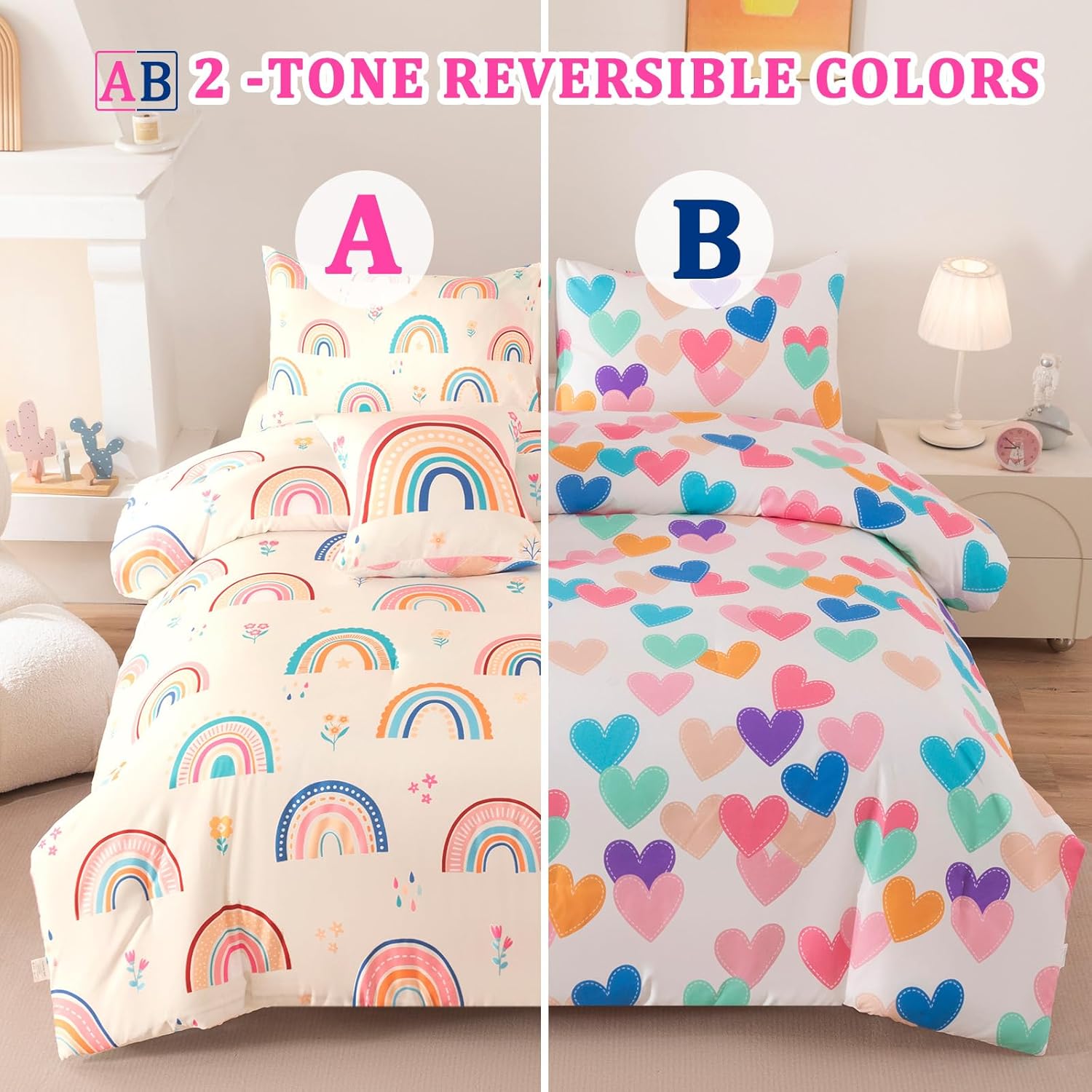 Rainbow Girls Bedding Set Full Size, Love Hearts Rainbow Comforter Set Full Bedding Sets for Girls Kids