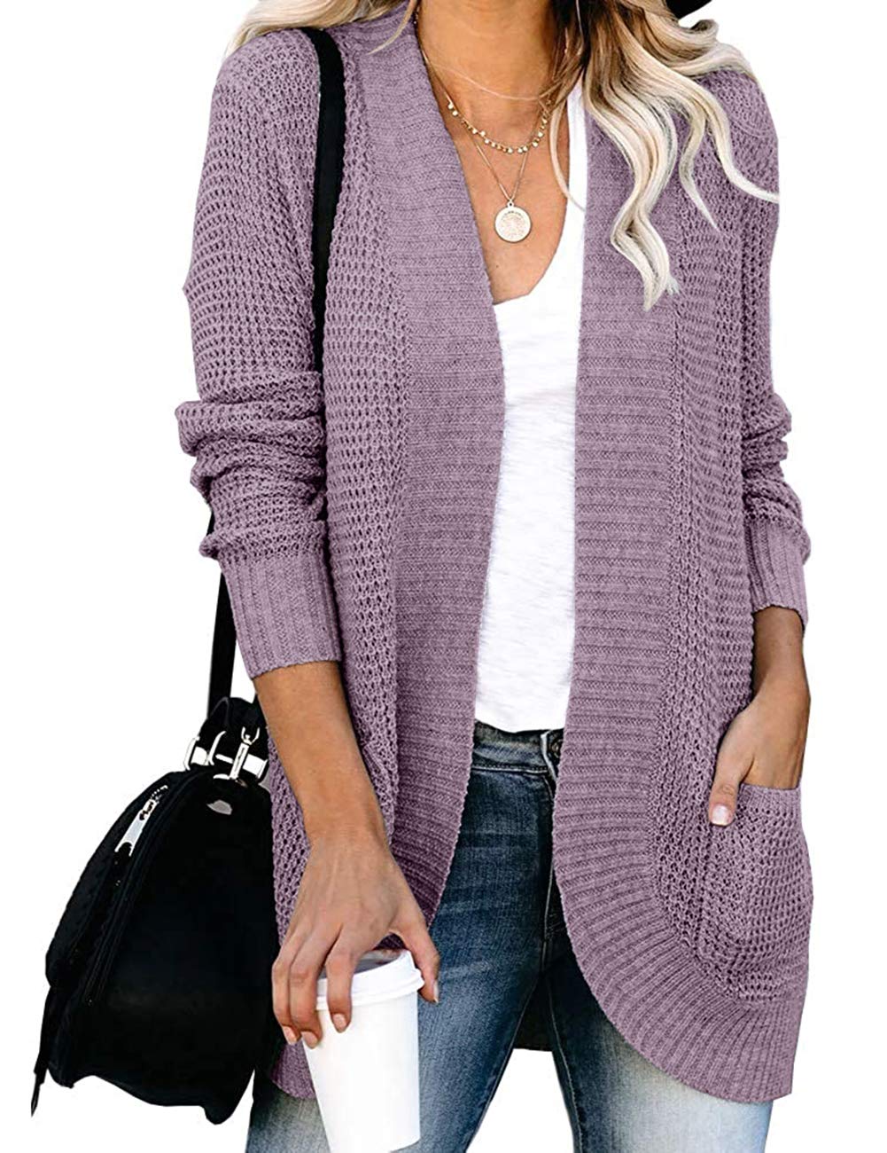 YIBOCKWomens Long Sleeve Open Front Waffle Chunky Knit Cardigan Sweater Outwear with Pockets