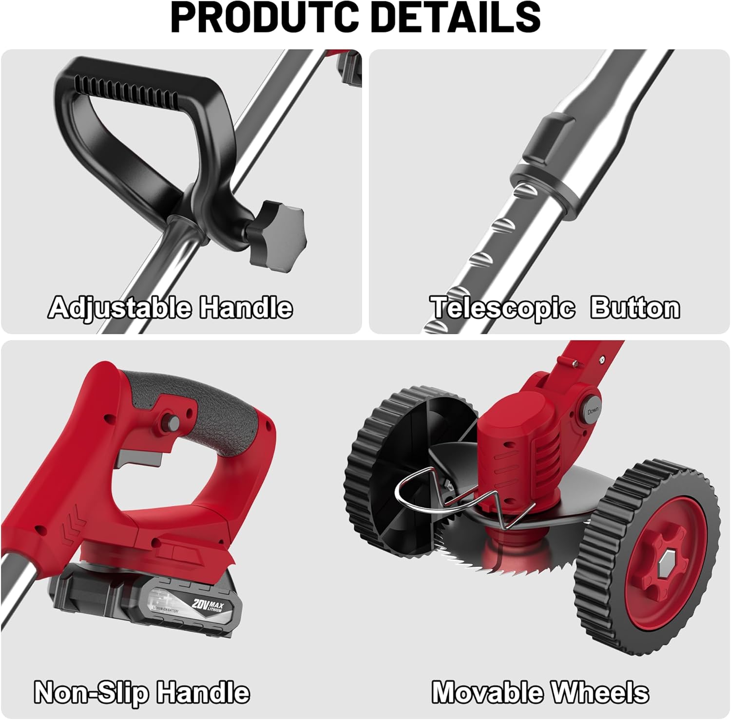 MGYM Cordless Weed Wacker, 20V Electric String Trimmer with 2x2.0Ah Batteries and Charger, Adjustable Pole Weed Wacker with Wheel for Lawn, Yard, Garden Grass Cutter(Red)