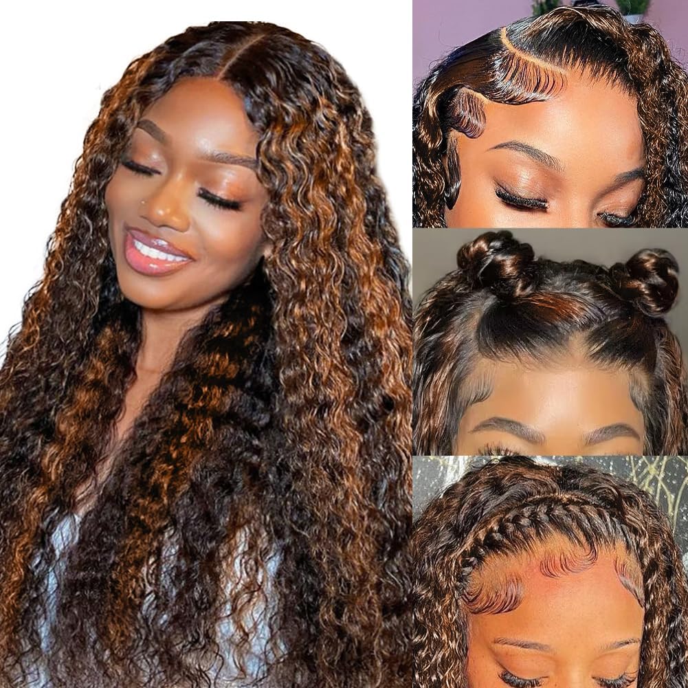 Balayage Highlight Lace Front Wig Human Hair Deep Wave 1B/30 Black with Brown Wigs Pre Plucked 13x4 Ombre Curly Lace Front Wig Human Hair 150 Density for Women Highlight Curly Human Hair Wigs （22Inch）