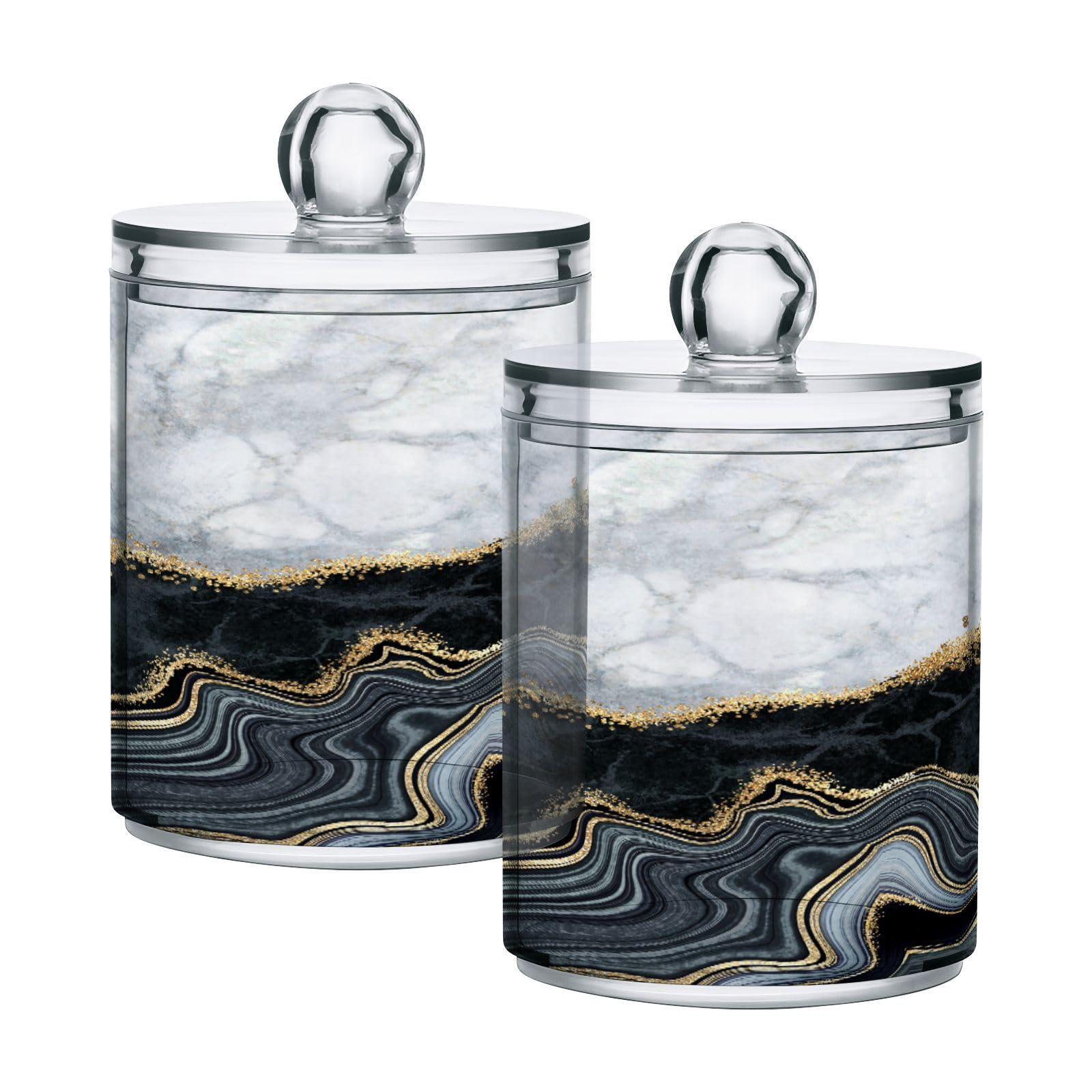 Organizador de maquillaje transparente con tapa botes de baño efecto mármol gris y azul marino