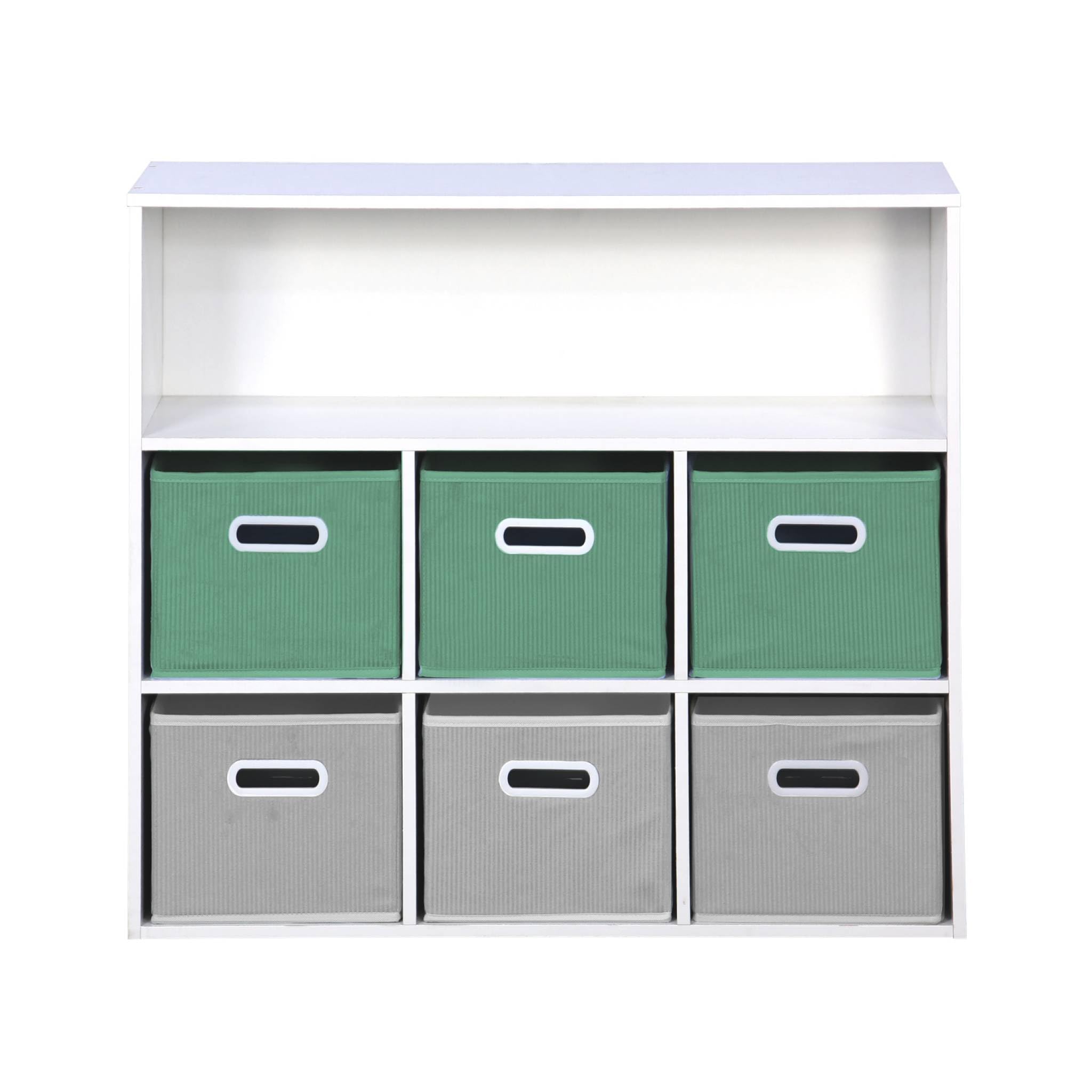 sweeek - Meuble de Rangement pour Enfant avec 7 Compartiments et 3 paniers Verts et 3 paniers Gris Velours