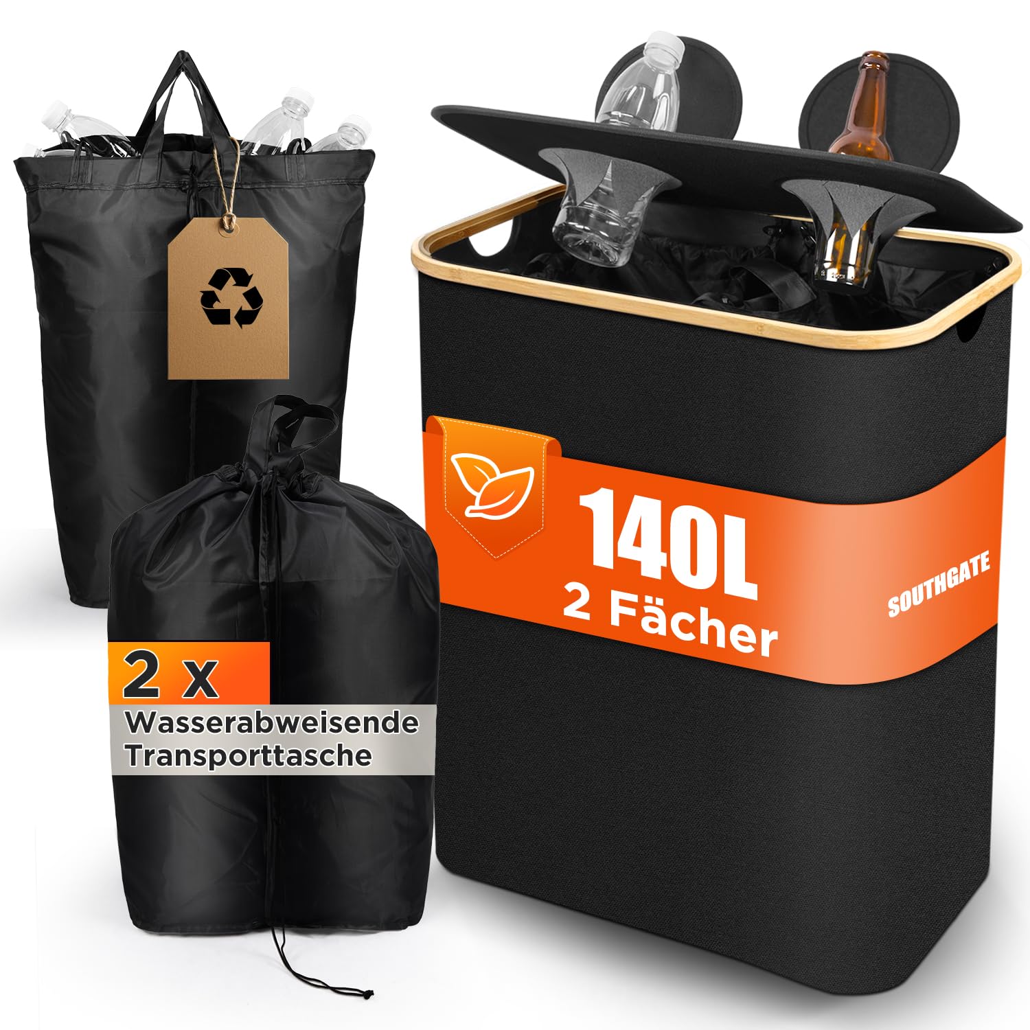 SOUTHGATE pfandflaschen sammelbehälter 2 Fächer, 140L Leergut-Sammler, Klappdeckel mit Silikon-Dichtung, 2 waschbare Taschen mit Kordelzug, faltbar 4 cm, für Küche & Abstellraum, Schwarz