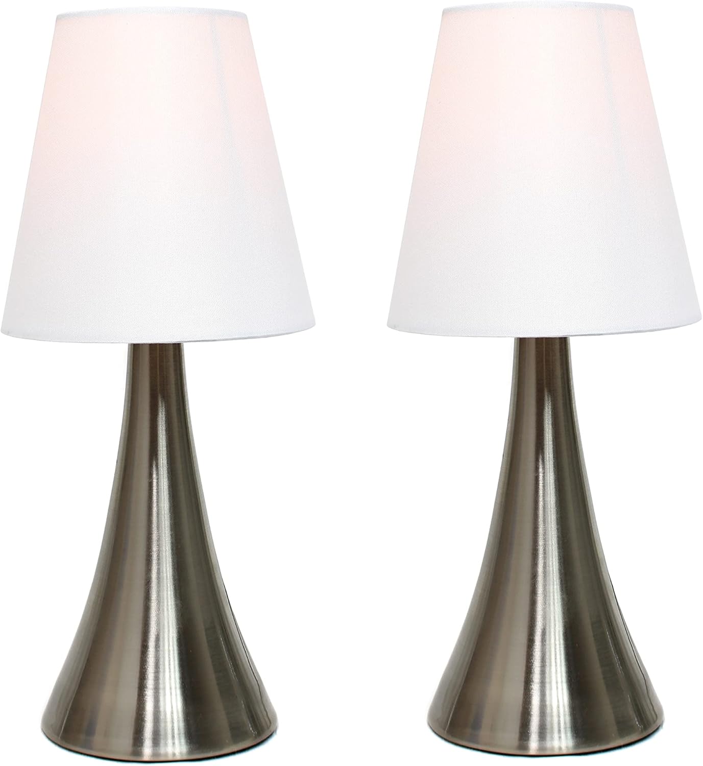 Simple Designs LT2014-WHT-2PK Valencia Brushed Nickel Mini Touch Table Lamps with Fabric Shades, White (Pack of 2)