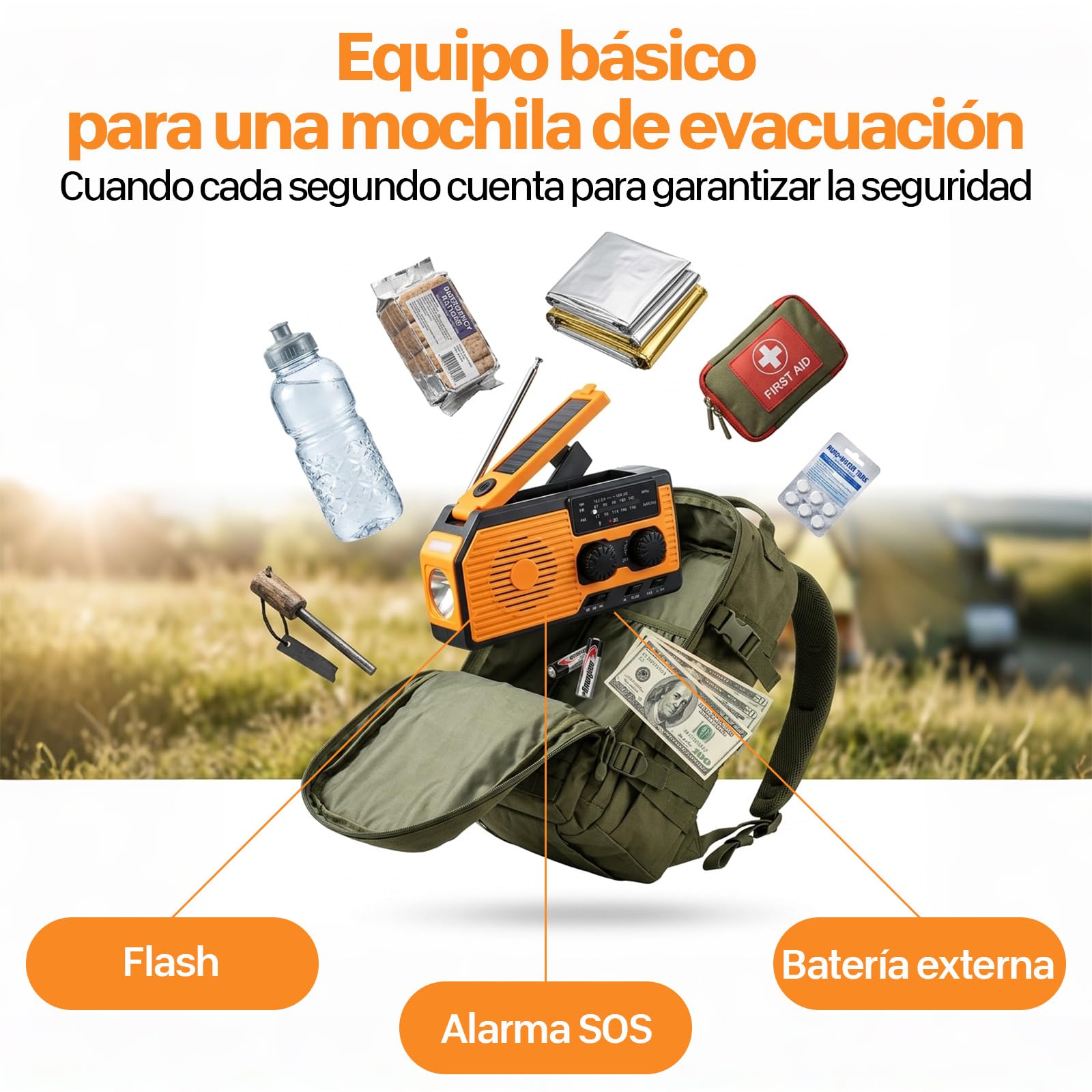VHV Radio Manivela Solar Emergencia, Emergencia Portátil, Manivela Solar Am/FM/NOAA, Batería Power Bank 5000mAh, Radio de Supervivencia con Manivela, Linterna, Alarma SOS (Color)