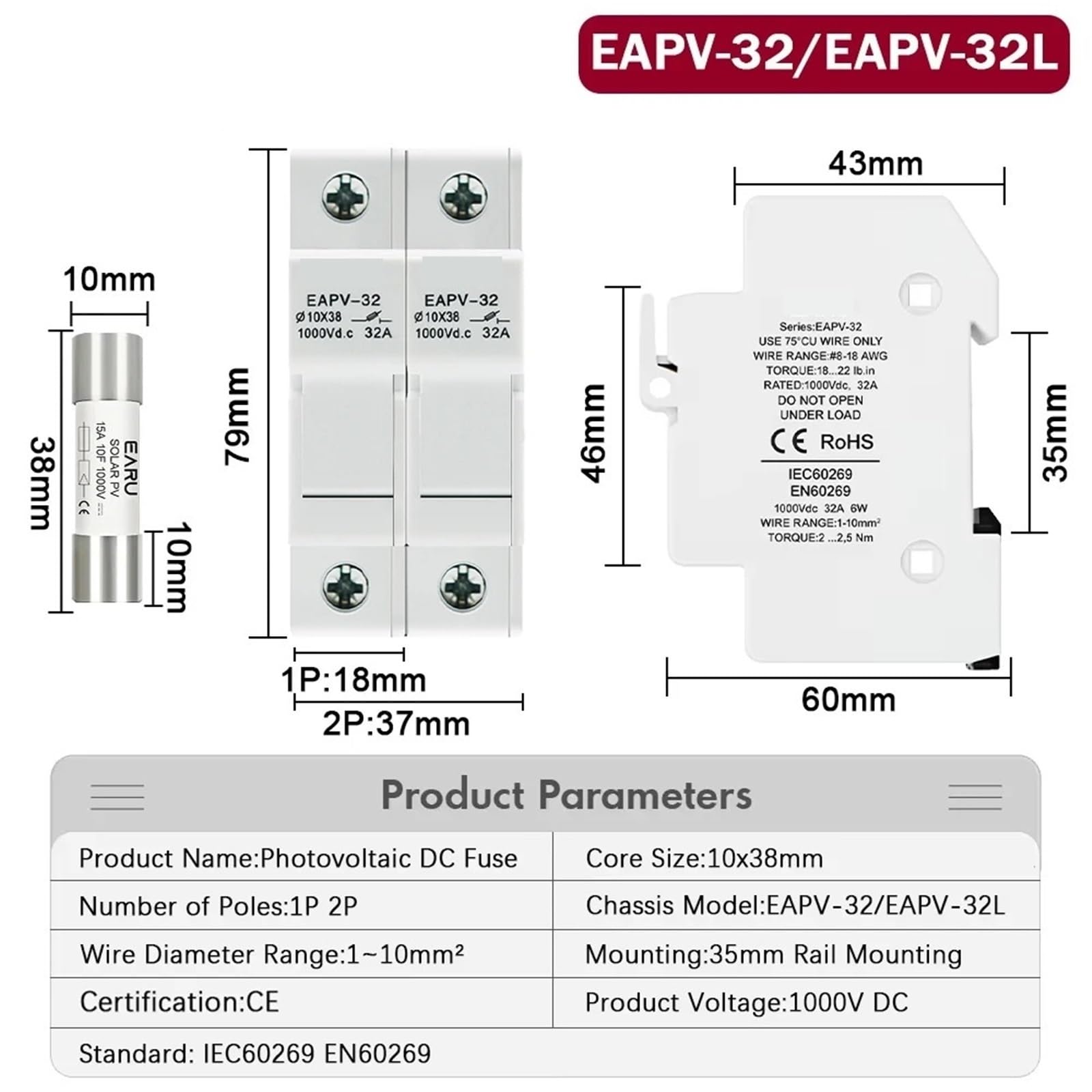Genérico Un juego de portafusibles 1P 2P CC 10 * 38mm PV 1000V 6A 15A 32A Base EAPV-32L(10A,EAPV-32-2P)