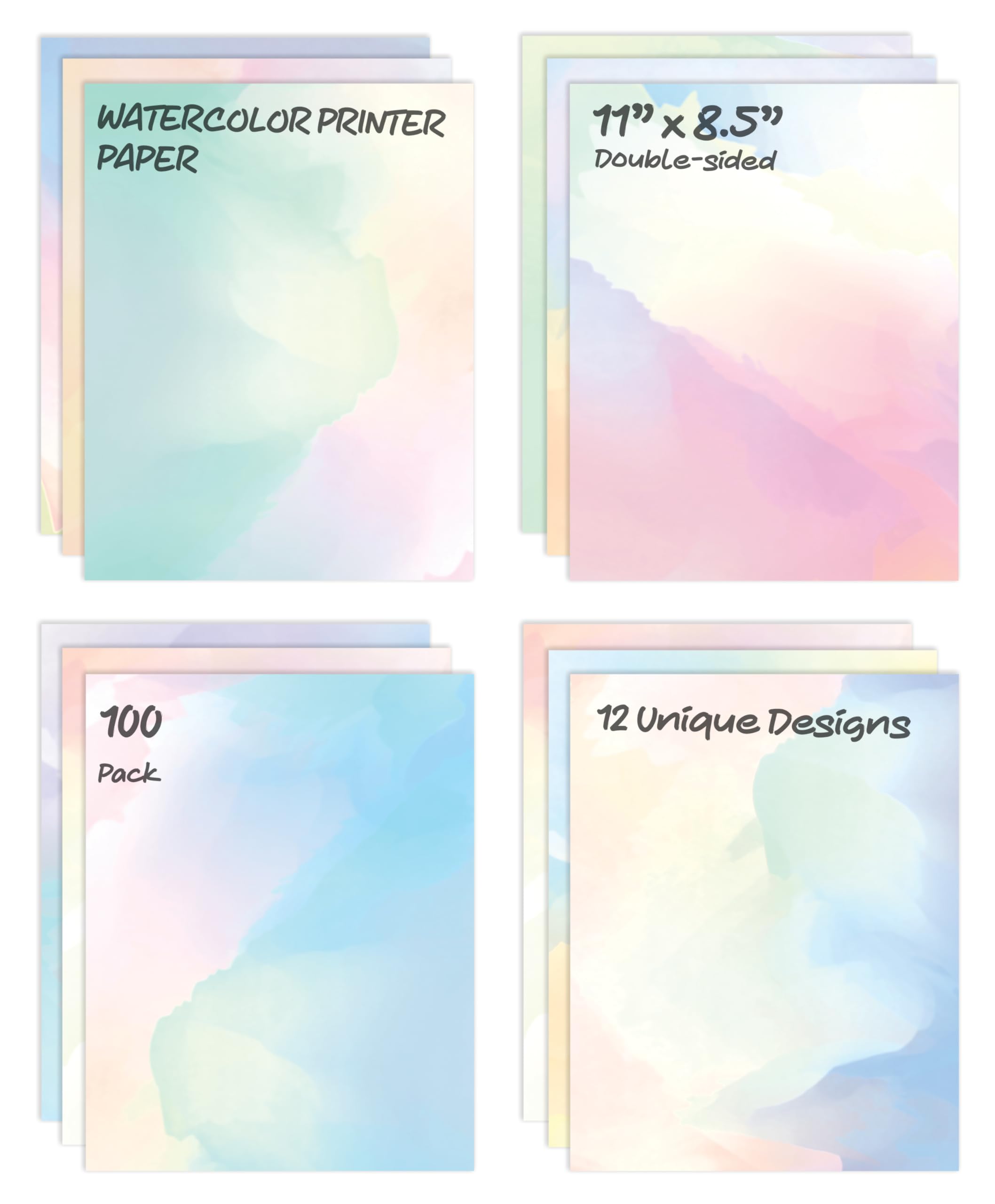 Better Office Products Stationery Paper, 100 Sheets, Watercolor Writing Stationery, Letter Size 8.5 x 11 inch, 12 Unique Double Sided Designs, 100 Pack