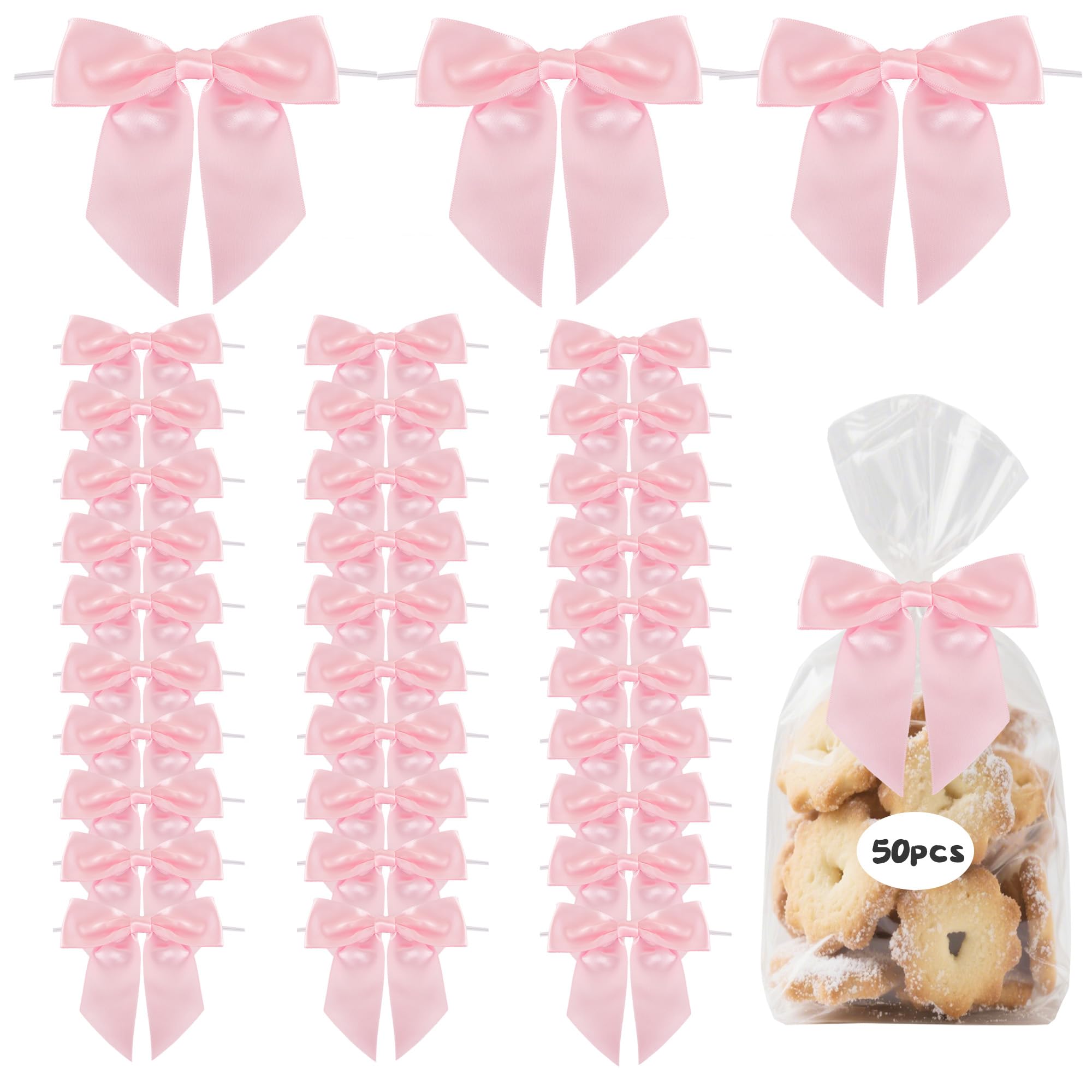 TONIFUL 50pcs Pink Satin Ribbon Bows with Twist Tie, 4.5 Inch Bows for Valentine's Day Gift Wrapping, Treat Bags, Crafts, Bottles, Christmas Tree, Wedding, Baby Shower, Birthday Party Decorations